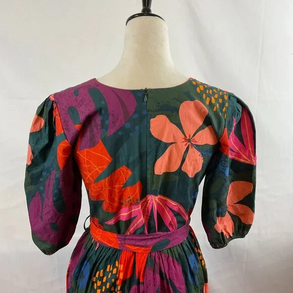 Maude Vivante Maxi Dress XS Half Sleeve Tie Waist Dark Green Pink Purple Red - Picture 12 of 15
